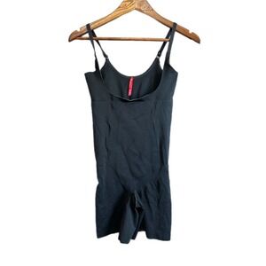 Spanx OnCore Mid-Thigh Bodysuit Women L Black Excellent Open Bust Shapewear